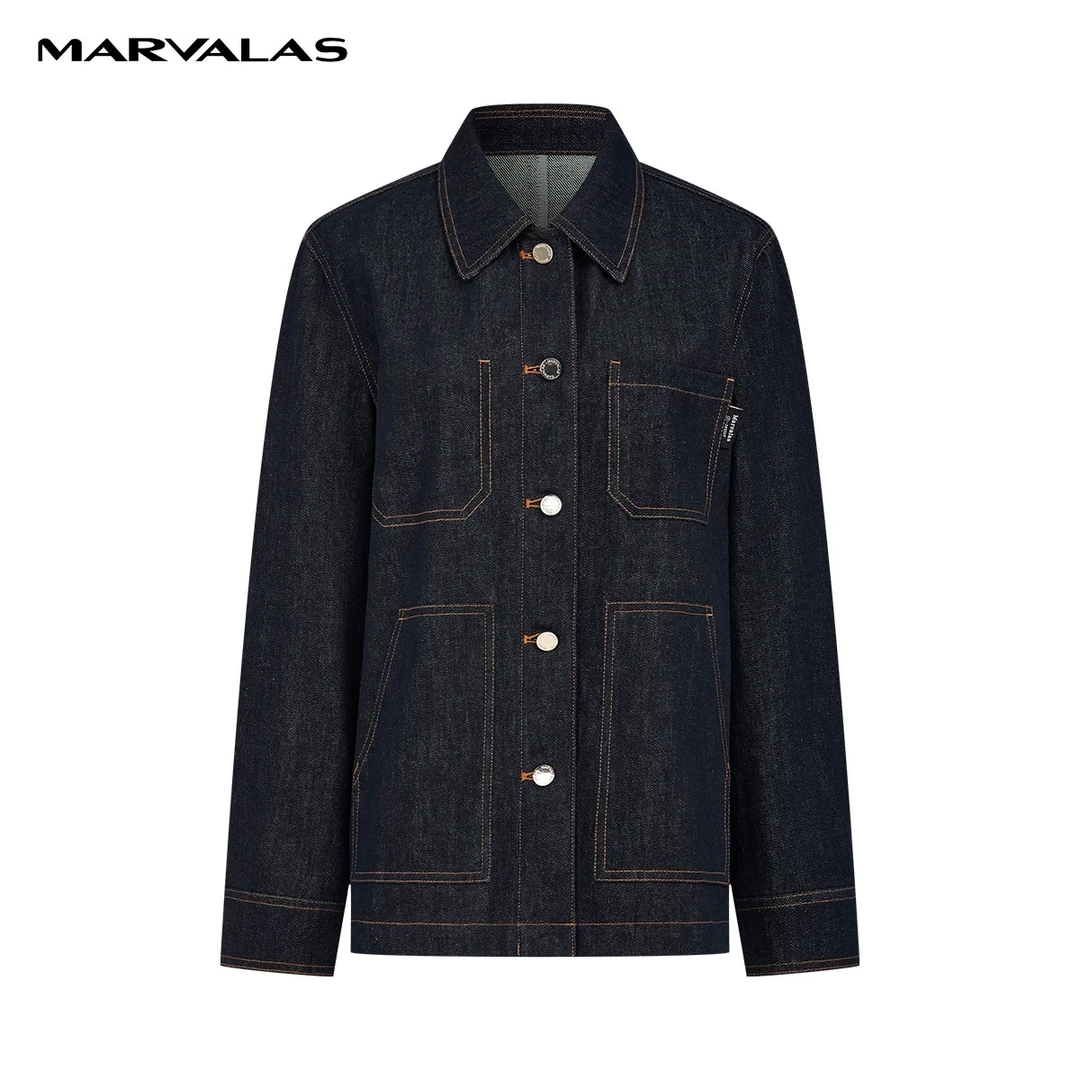 【曼德诗】牛仔外套春装新款全棉复古时尚长袖上衣女M420308868