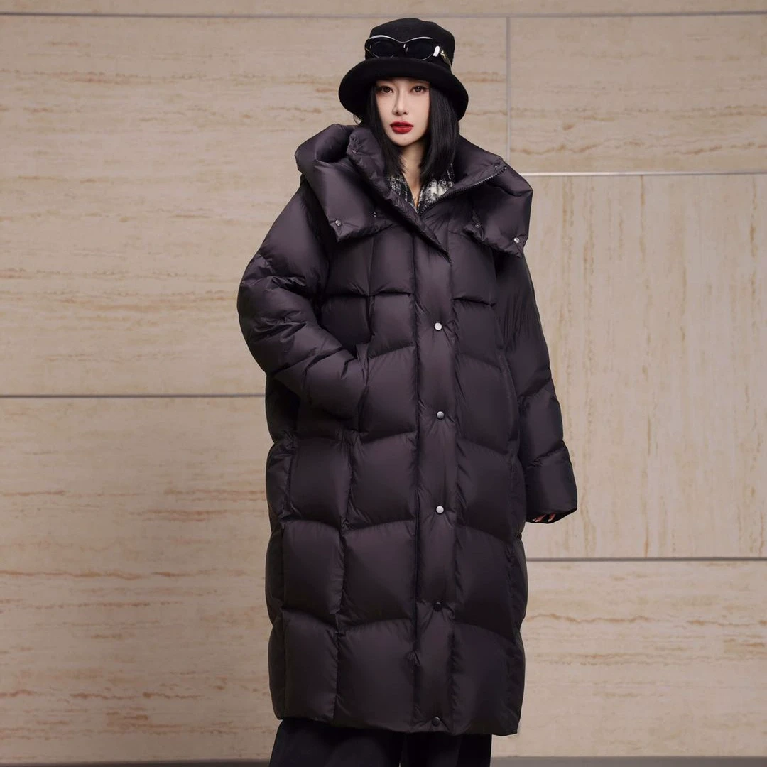欧货新款2024冬季女士时尚连帽白鸭绒长款保暖羽绒服6553