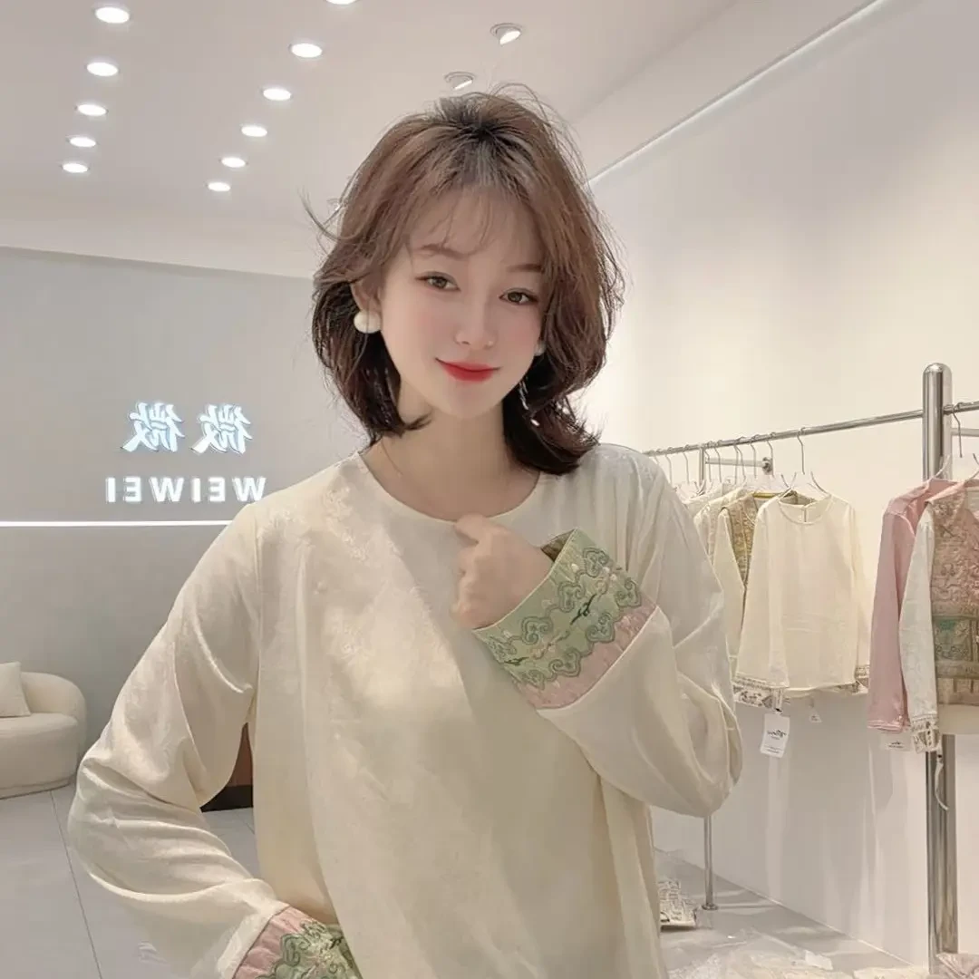 2025新中式重工山水袖口刺绣提花长袖女百搭上衣