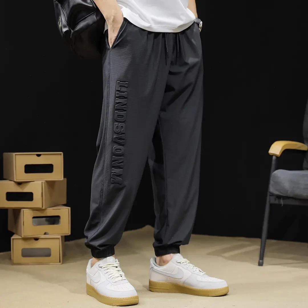 夏季薄款休闲裤男新款宽松大码潮牌速干冰丝裤子黑色束脚百搭男裤