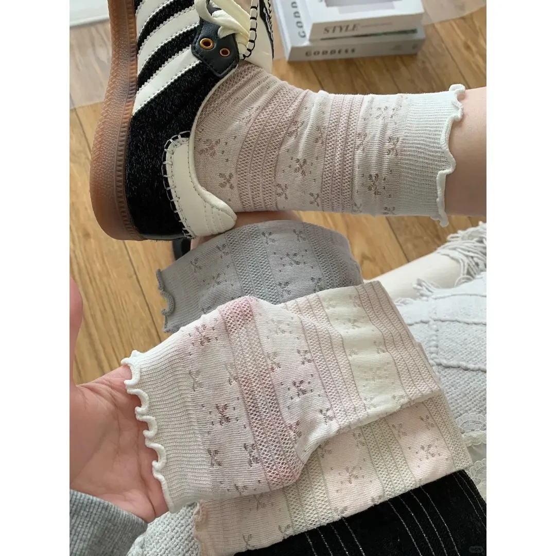 春夏镂空蝴蝶结中筒花边袜子女薄款日系少女学院木耳边堆堆袜Z