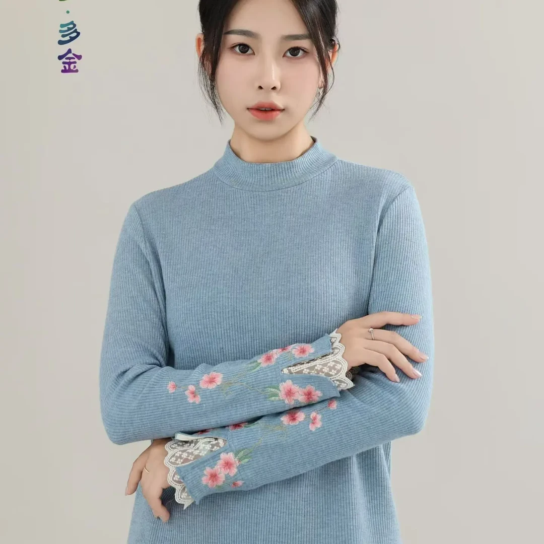 炫织梦多金刺绣冬季民族风女常规款毛针织衫修身上衣秋冬衫
