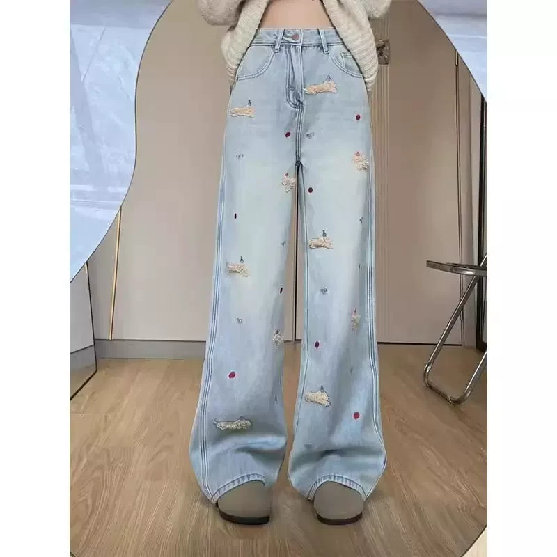 新款绣花刺绣牛仔裤女春秋款卡通腊肠狗高腰显瘦宽松阔腿直筒裤子