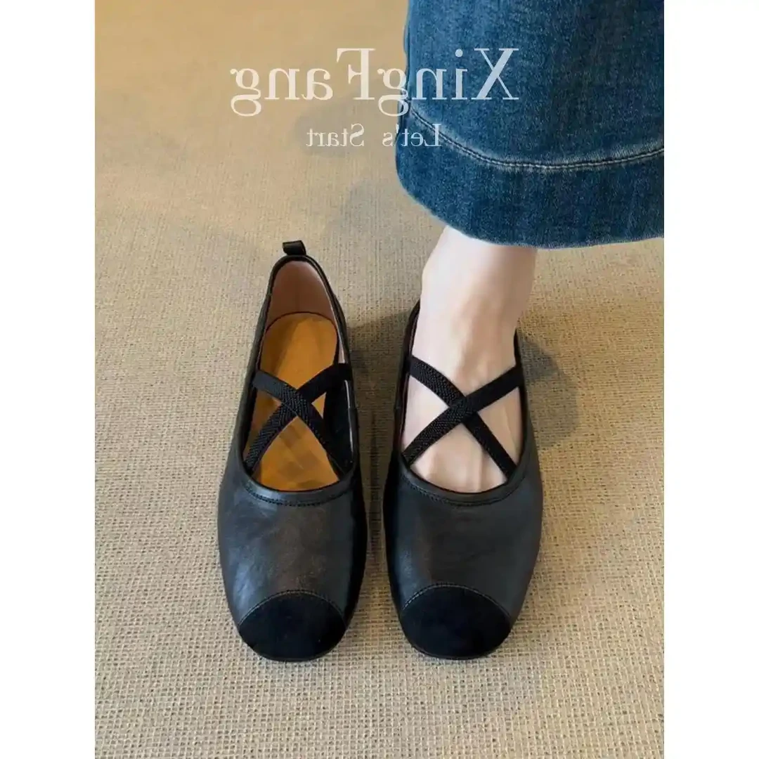牛皮版~法式平底交叉带平底芭蕾鞋新款超软浅口复古玛丽珍单鞋女