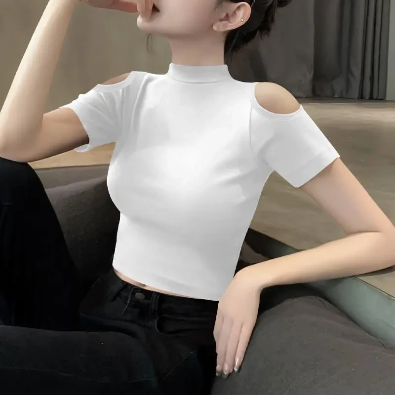 2025新款白色半高领露肩短袖t恤女春夏修身纯棉内搭中领半袖上衣