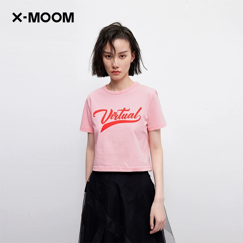 X--MOOM夏季新款纯棉美式风印花小箱型短款T恤女ZWXTA19828
