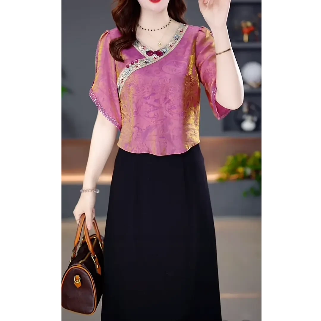 2025新款暗花拼接夏季国风修身显瘦连衣裙静奢风V领大码