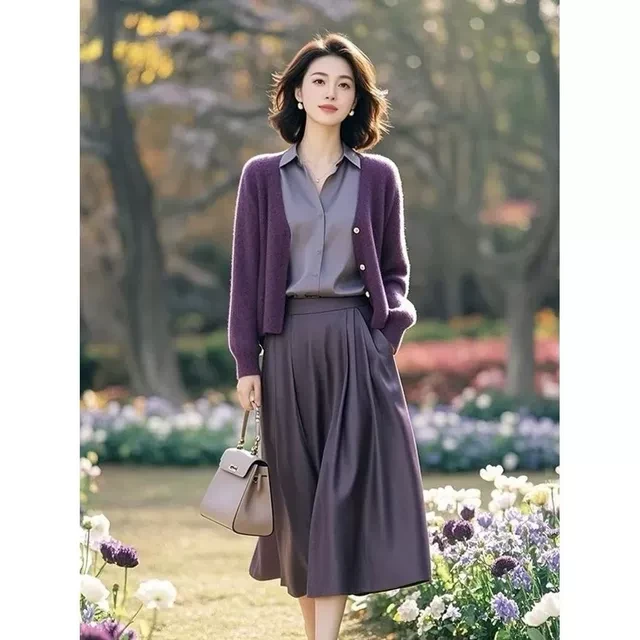 2025春季穿搭一整套高级感绝美气质休闲紫色针织开衫半身裙两件套