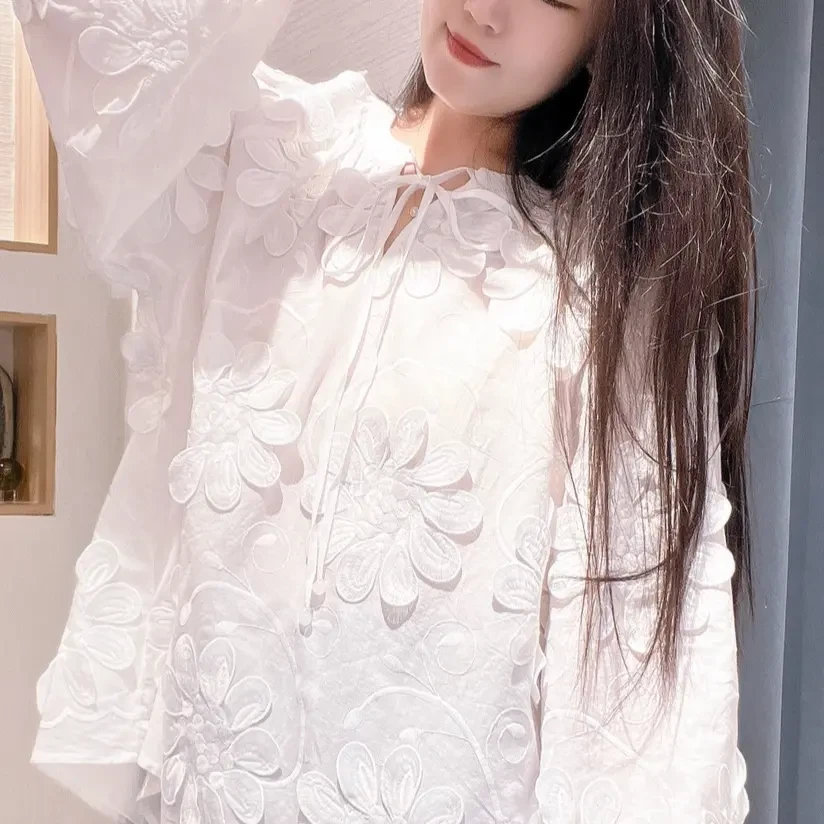芭家法式高级感刺绣蕾丝立体花朵白色衬衫娃娃衫上衣669