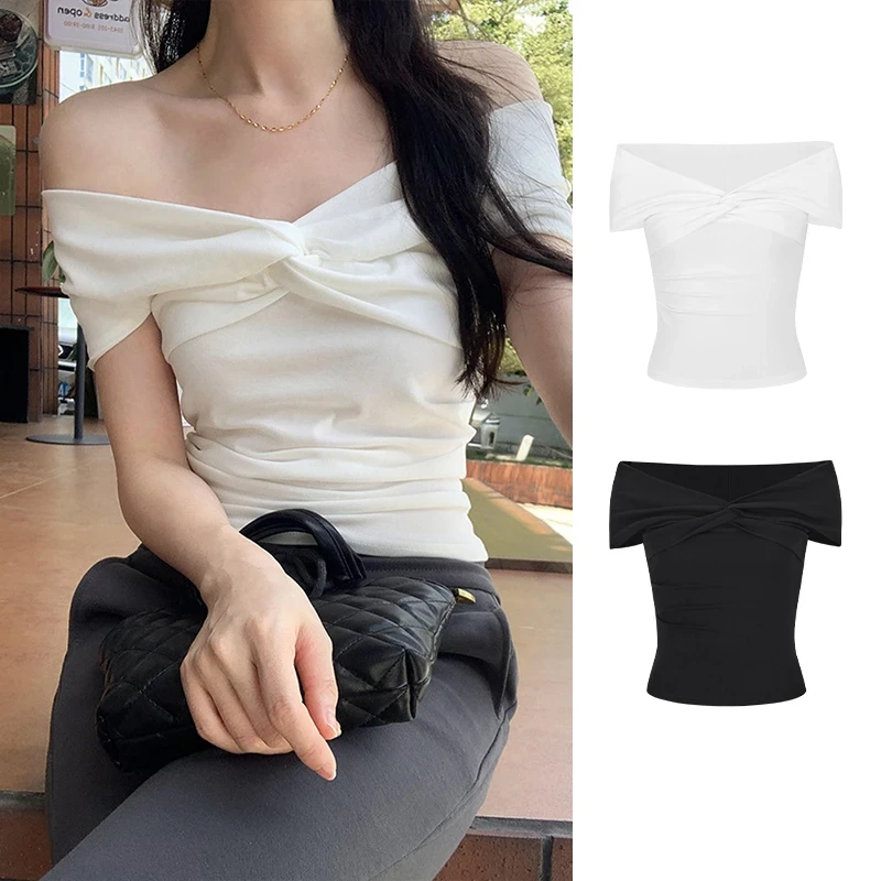 温柔风白色别致蝴蝶结一字露肩短袖t恤女夏季法式纯欲风修身上衣