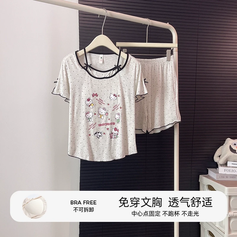 短袖短裤睡衣女夏季网红风带胸垫2025新款猫咪卡通甜美家居服套装