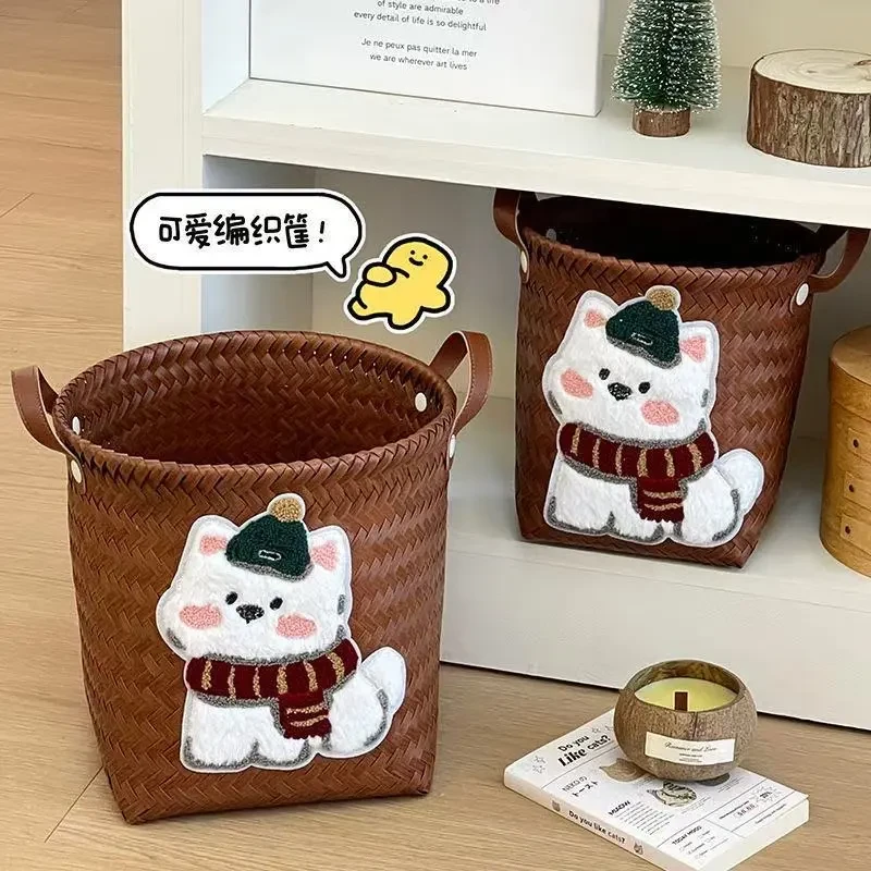 可爱长毛小狗加大圆款大容量编织收纳筐脏衣篮复古仿藤编杂物零食