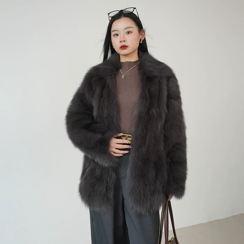 HG/廓形落肩设计_进口狐狸毛皮草外套女2024新款翻领中长款大衣冬