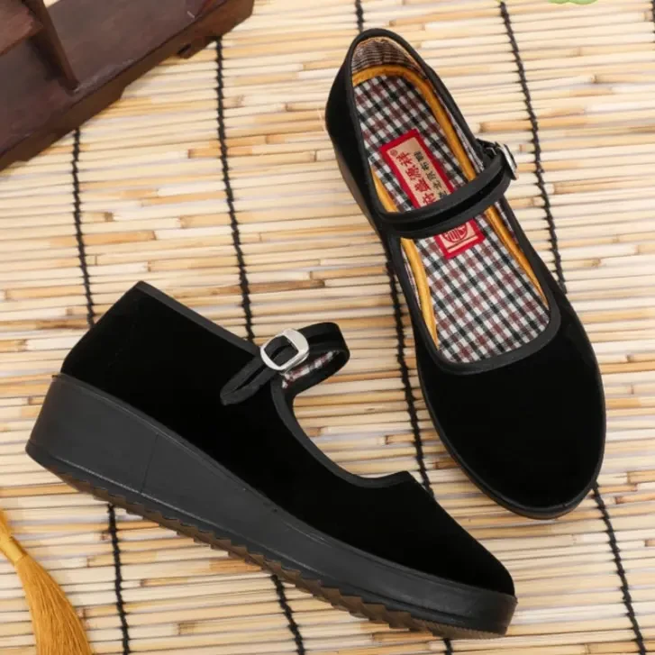 老北京布鞋松糕厚底工作鞋女士黑色软底妈妈鞋防滑透气广场舞蹈鞋