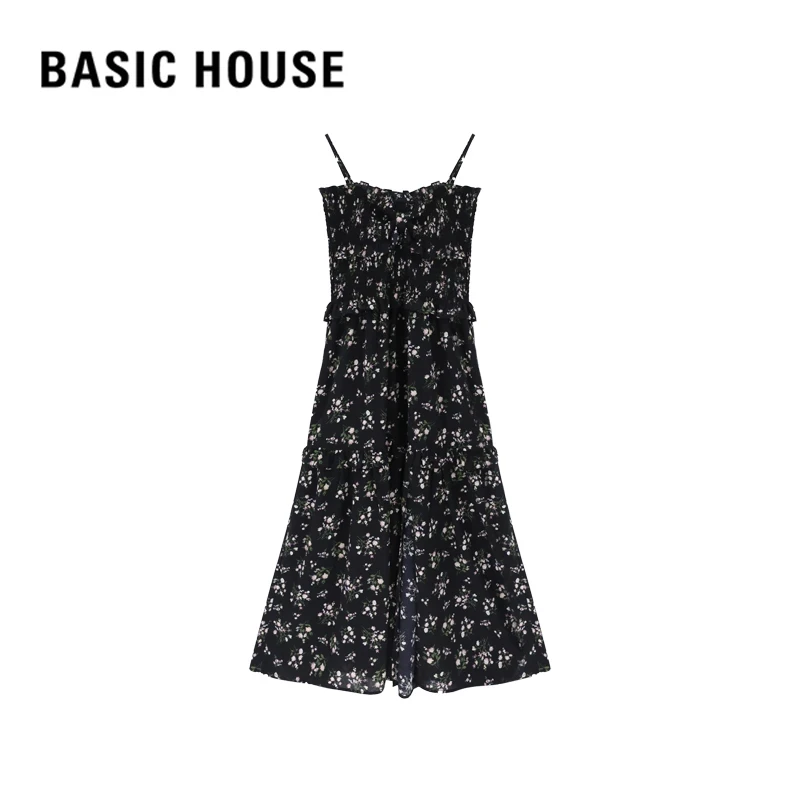 BasicHouse/百家好BZ时尚显瘦田园风甜美碎花开叉吊带连衣裙女