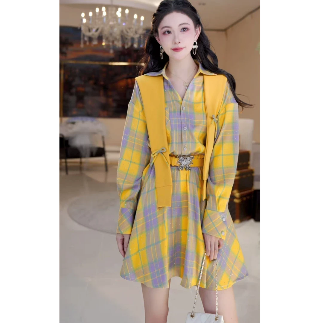 【现货运费险】秋季新款爆款设计感时尚格子蝴蝶腰带连衣裙披肩套装