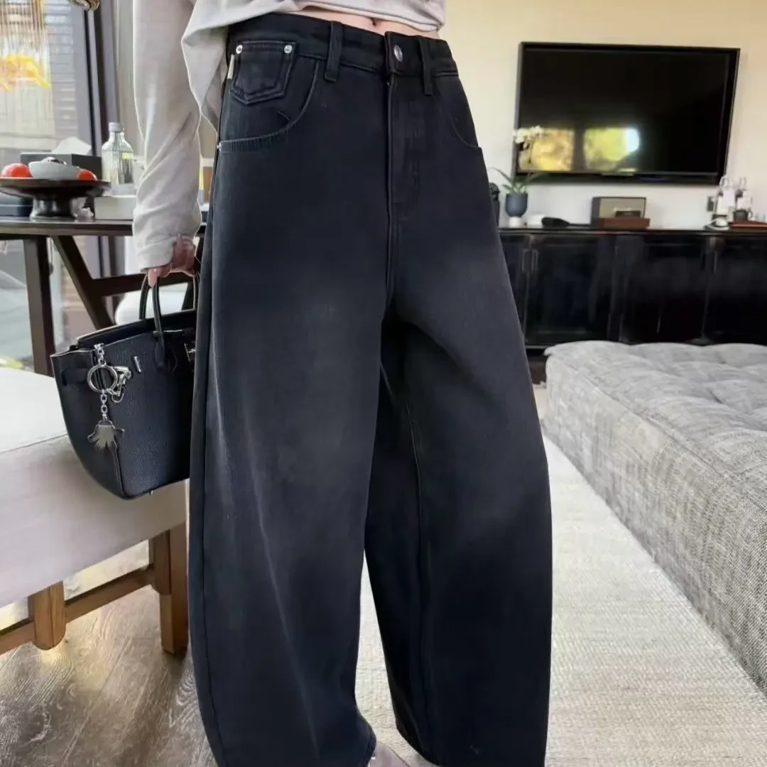 冬季新款加绒加厚高腰阔腿牛仔裤女宽松显瘦复古百搭直筒裤