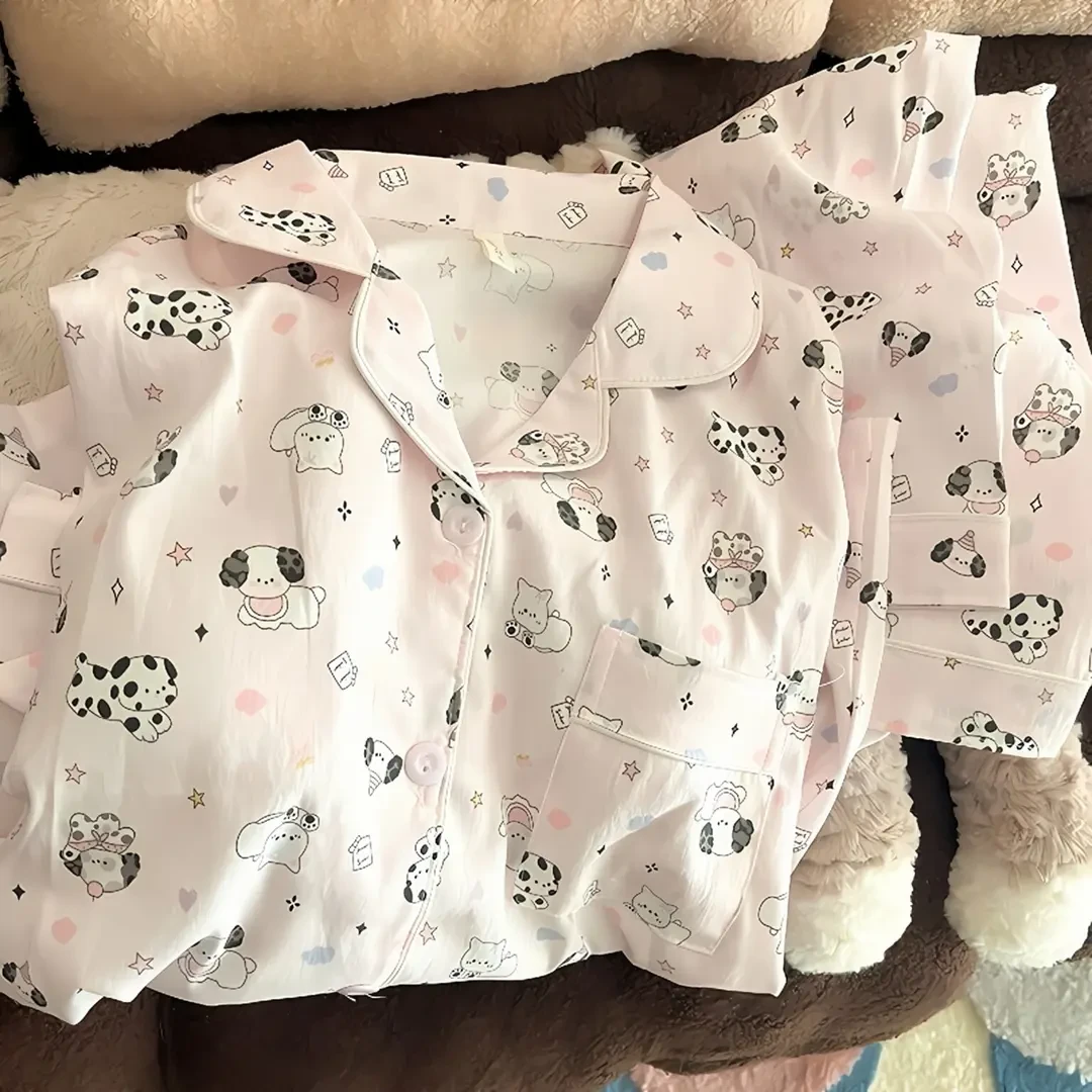 韩版小猫小狗带胸垫睡衣女春秋季长袖可爱宽松网红印花爆款家居服