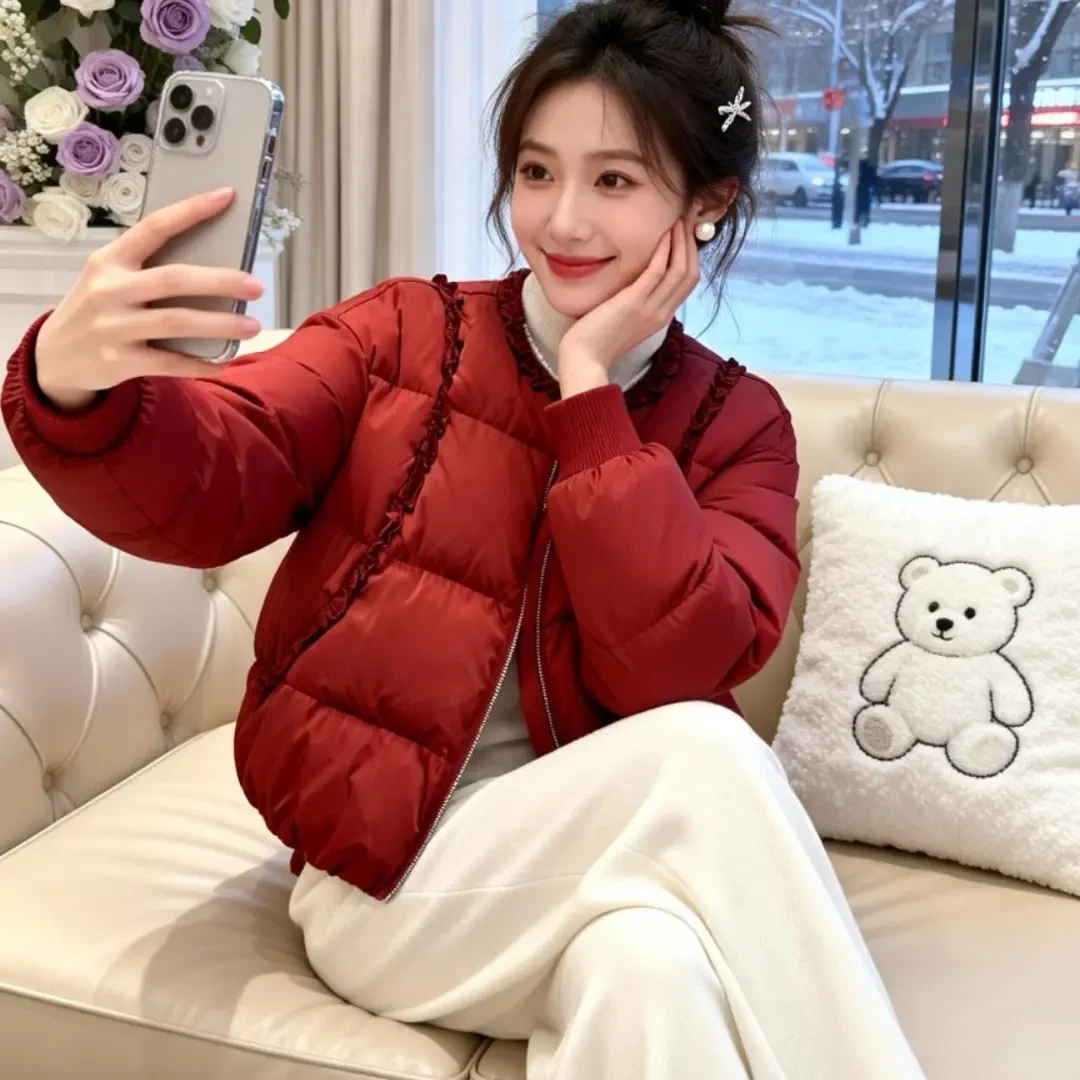 艳莲家 冬季新款红色短款保暖棉服女士外套