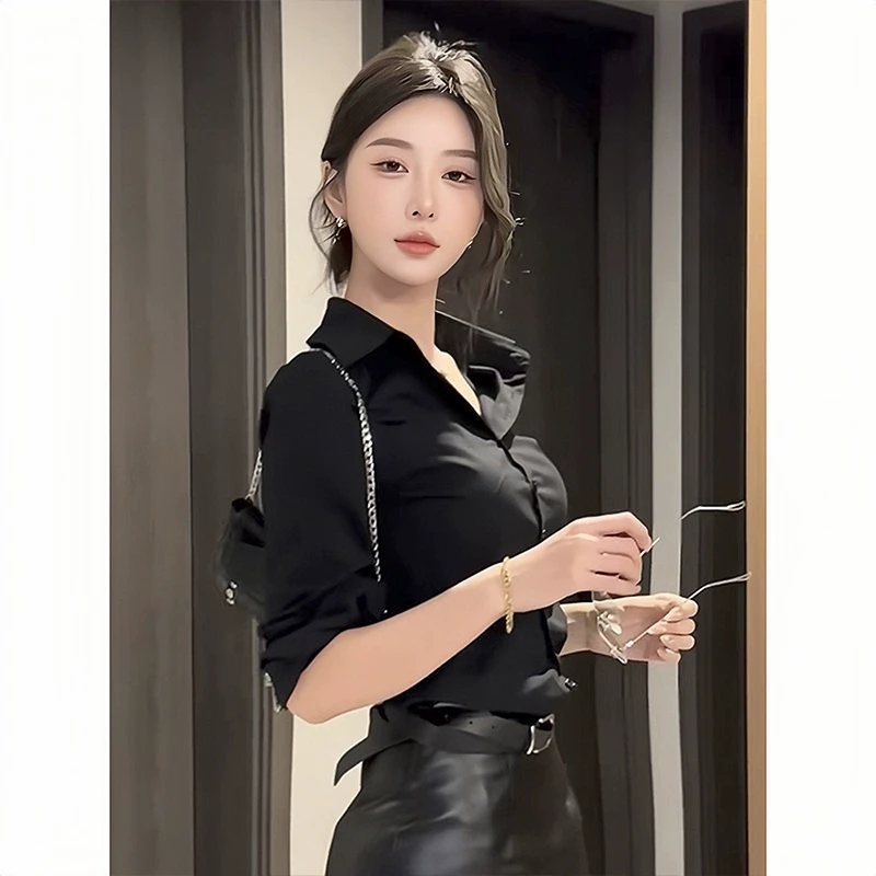 御姐风性感辣妹Polo领长袖衬衫女装秋冬季高级感修身显瘦打底上衣