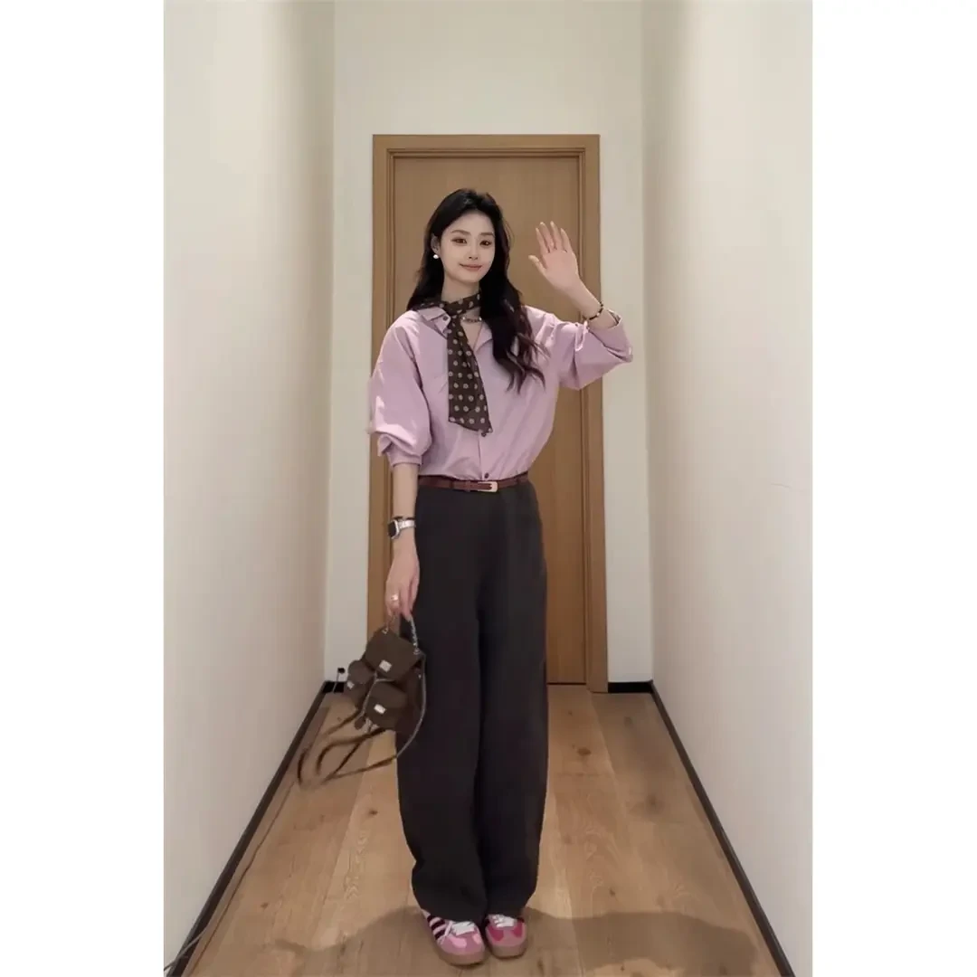 2025秋季炸街减龄时尚洋气轻奢高级感多巴胺粉色衬衫长裤两件套装