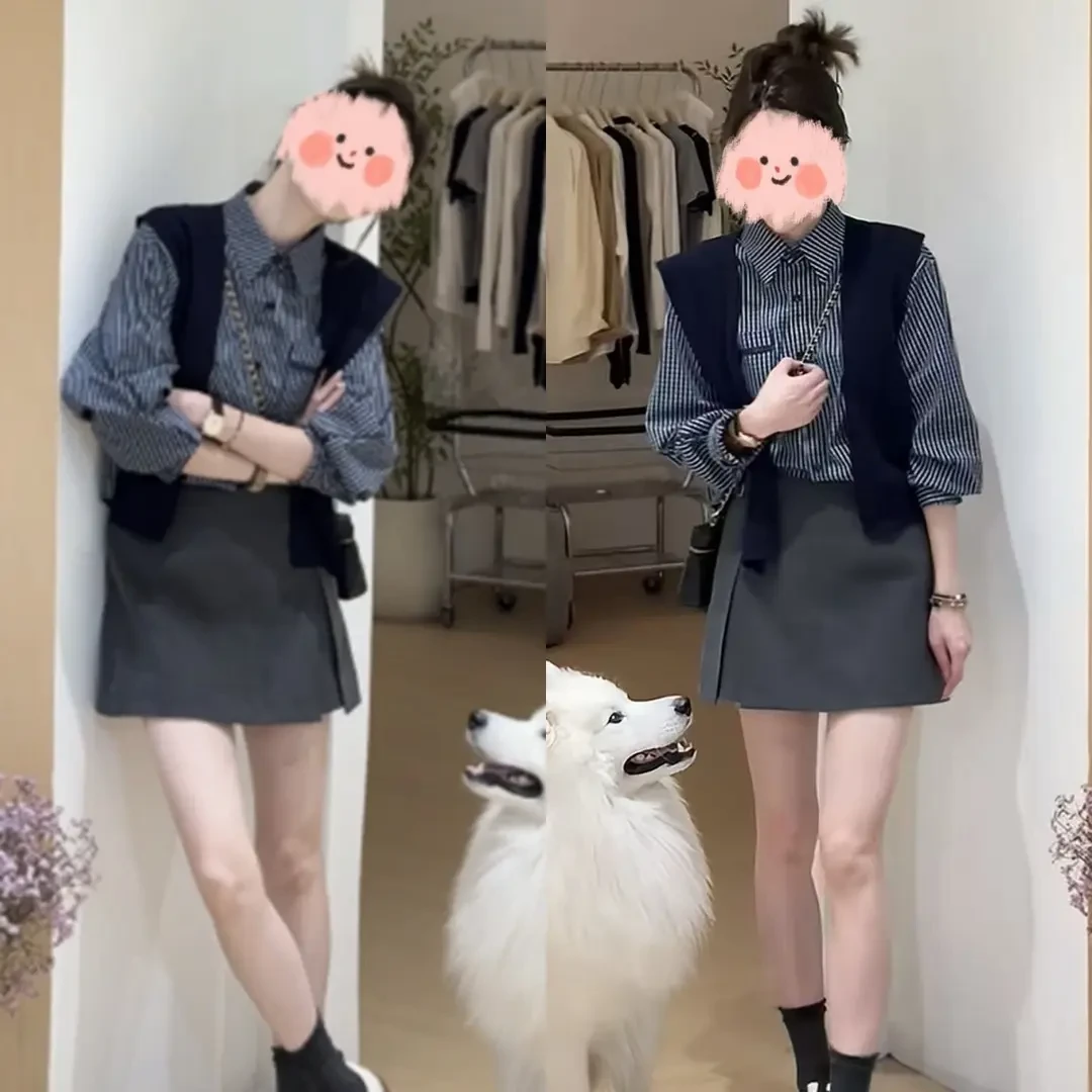 休闲风时尚套装早秋新款韩版百搭格子衬衫披肩休闲简约半裙三件套