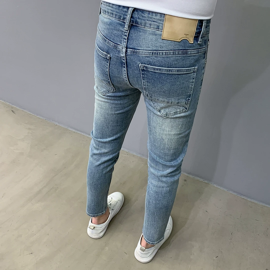 蓝色九分小脚牛仔裤男2025夏季新款百搭水洗潮流弹力韩版修身显瘦