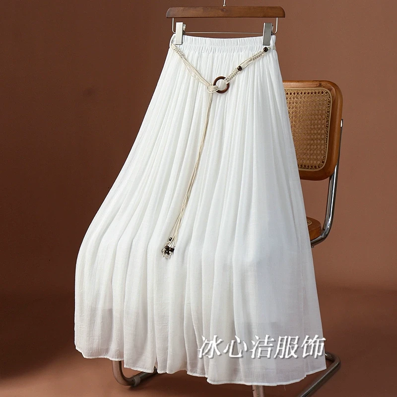 新中式白色仿棉麻大摆半身裙女款夏季2025新款垂感显瘦a字长裙子