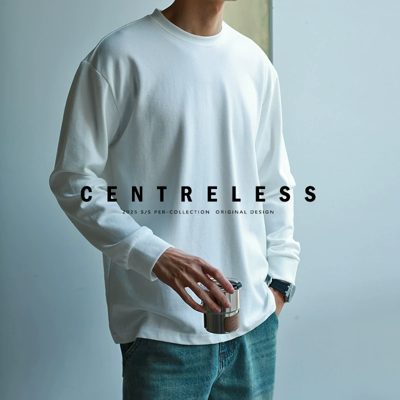 舒适简约双面磨毛秋冬季新款纯色基础款长袖T恤圆领套头男士上衣