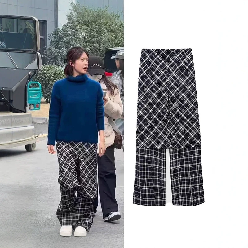 设计师款2024冬新款藏青格纹拼接羊毛假两件裙裤长裤休闲裤女