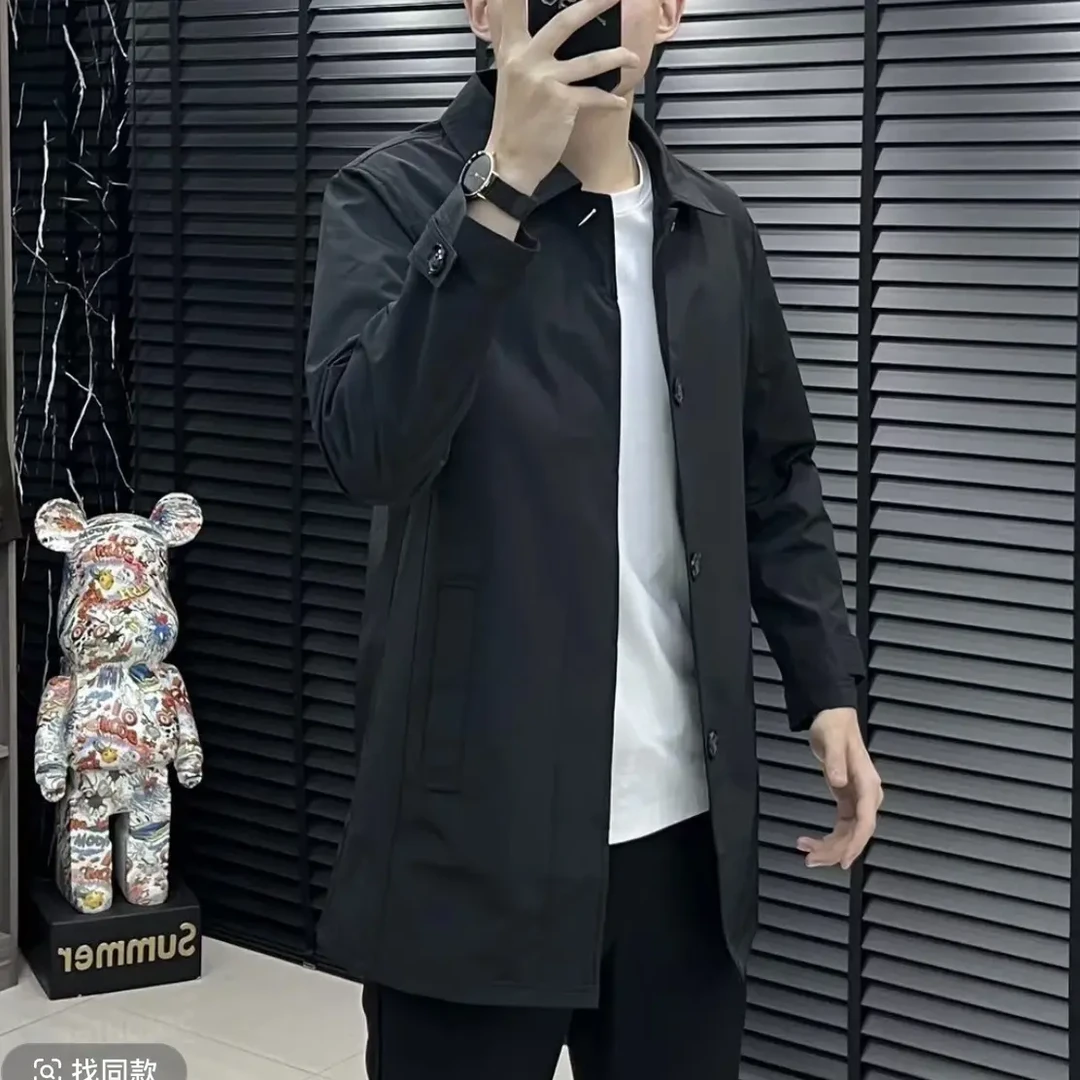 秋季新款男士中长款翻领风衣潮流黑色春秋商务简约百搭休闲风外套