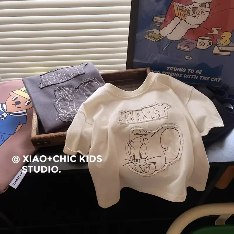 猫和老鼠~儿童卡通印花可爱刺绣夏纯棉T恤短袖男童圆领百搭上衣潮