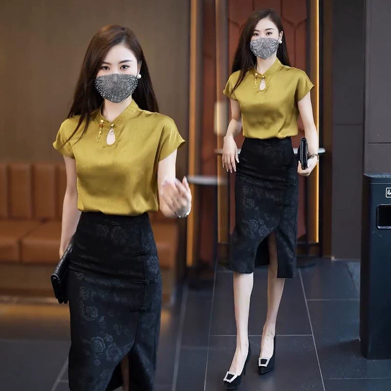 新中式国风气质套装女夏季新款高级感冰丝衬衫+半身裙时尚两件套