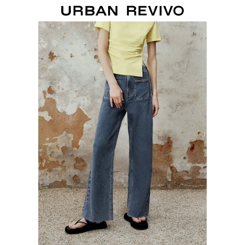 UR2025春季新款女装欧若风简约休闲百搭毛须牛仔长裤UWM850073