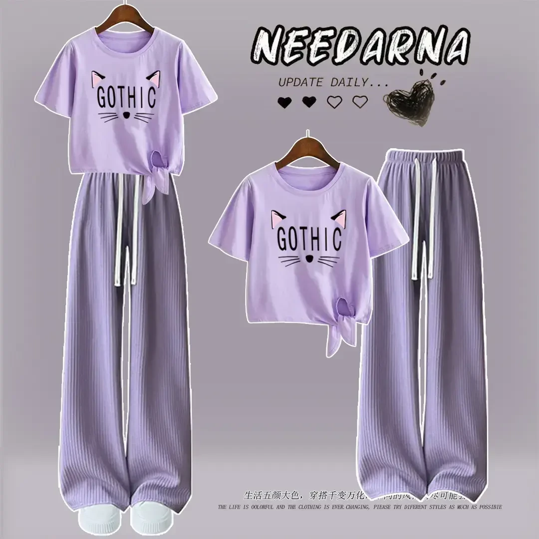 中小学生女休闲夏季短袖T恤套装大童网红炸街时尚高腰冰丝裤女孩