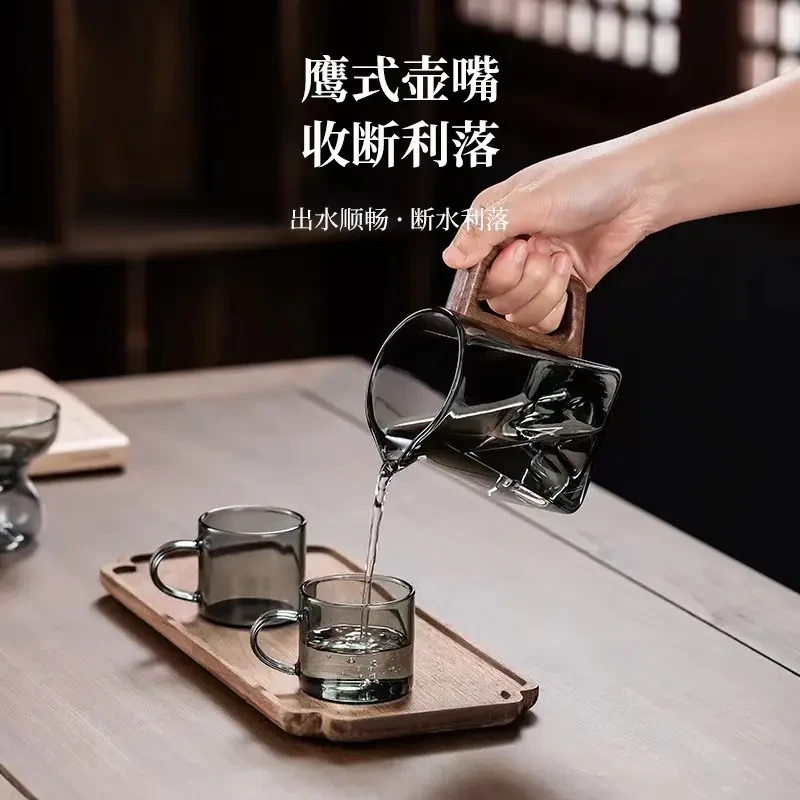 观山公道杯手工大容量加厚公杯耐热木把茶道器具过滤玻璃一体茶壶