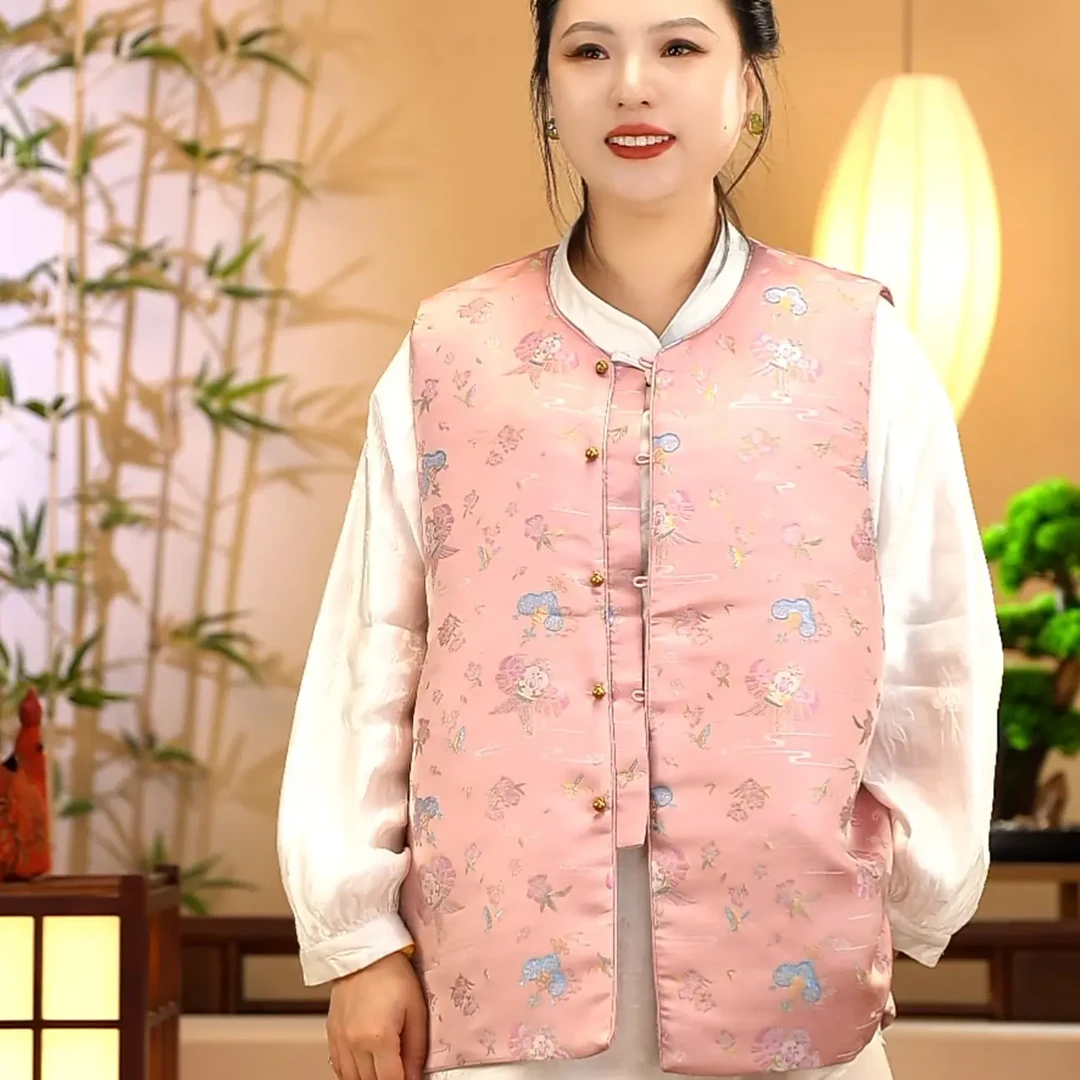 粉色宋锦宽松显瘦国风马甲大码胖MM
