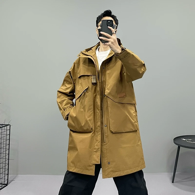 大风车春秋潮牌工装风衣男中长款宽松户外防风连帽冲锋衣大衣外套