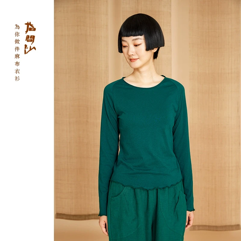 指间沙2511298原创女装25春圆领插肩袖黛绿色打底衫棉麻T恤