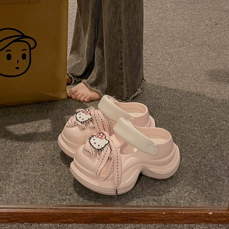 粉色可爱凯蒂猫洞洞鞋女款外穿2025新款夏季厚底踩屎感包头凉拖鞋