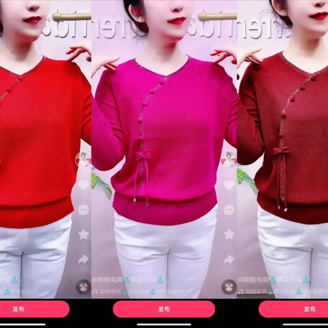 秋冬新款宽松大码针织衫鸡心领中老年妈妈显瘦国风毛衣