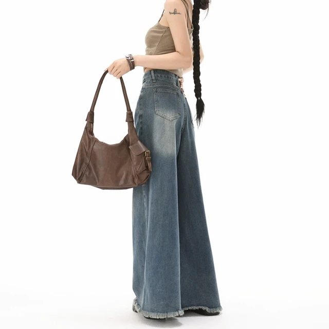 复古蓝微喇叭阔腿牛仔裤女2025新款夏季薄款显瘦宽松垂感拖地裤裙