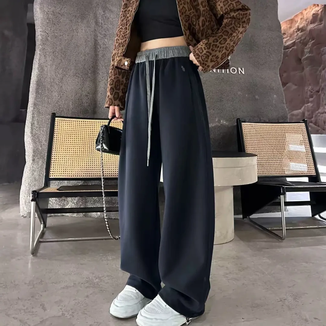 加绒加厚慵懒风刺绣高腰拼色秋冬百搭休闲弯刀阔腿裤