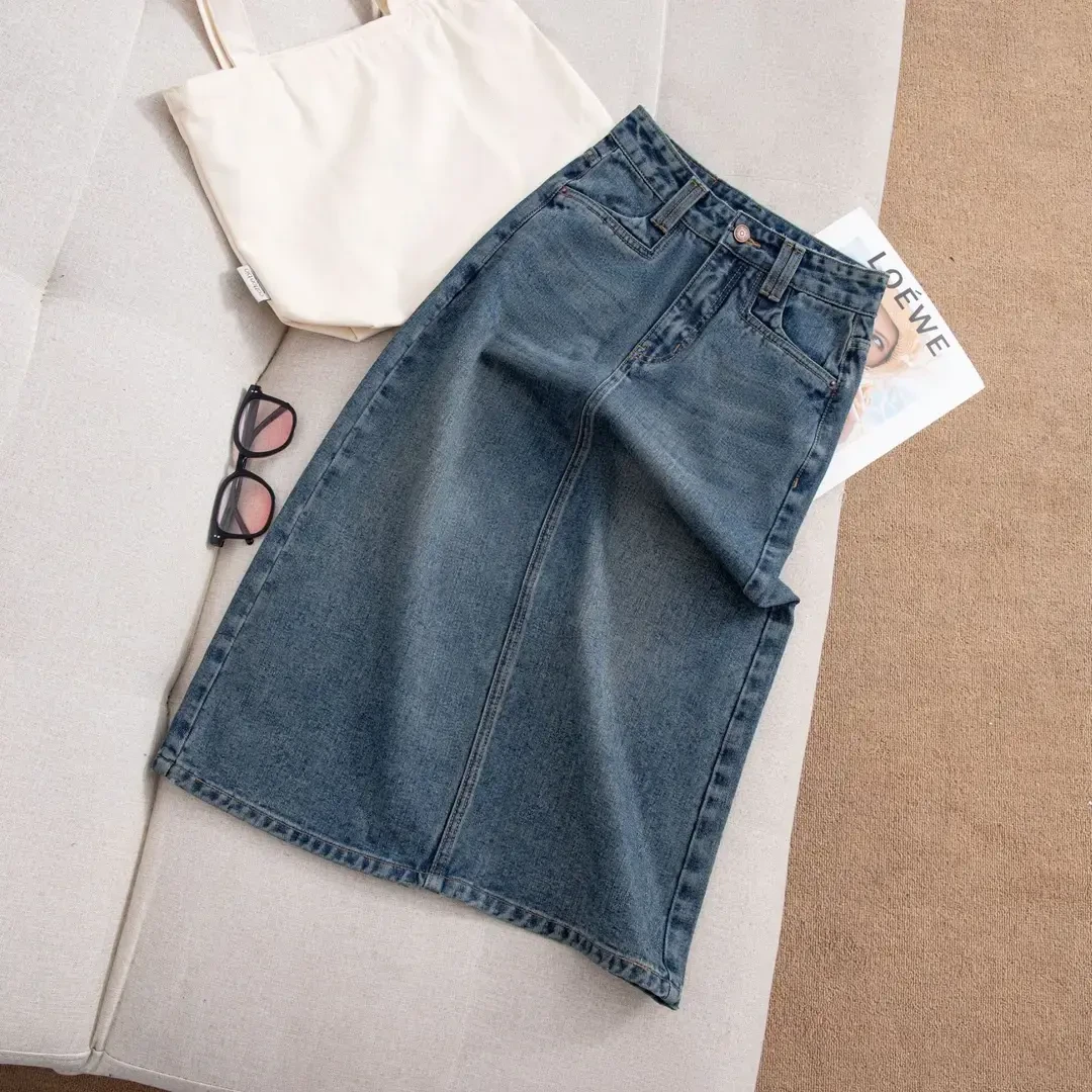 欧货时尚复古高腰宽松半身裙夏季薄款百搭显瘦开叉中长a字牛仔裙