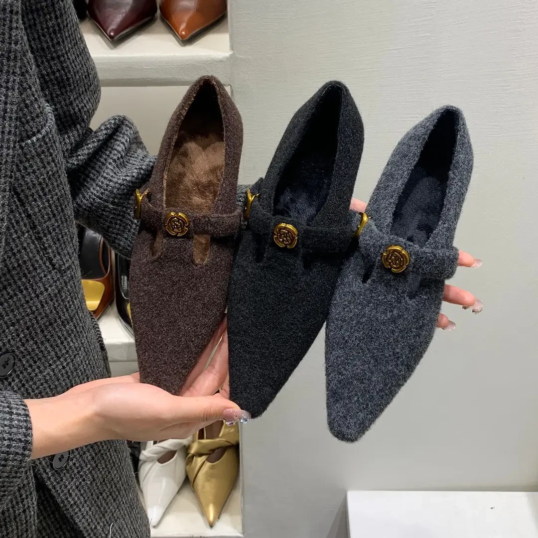 小香风内增高尖灰色加绒毛毛鞋女秋冬新款法式气质玛丽珍棉瓢鞋