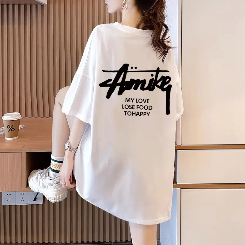 宽松纯棉中长款短袖t恤女2025新款爆款高街ins潮牌大码胖mm上衣服