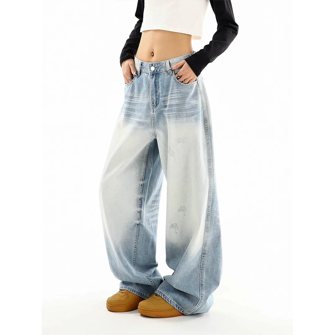 美式复古水洗做旧直筒牛仔裤女春季浅色磨白抓痕宽松垂感阔腿裤子