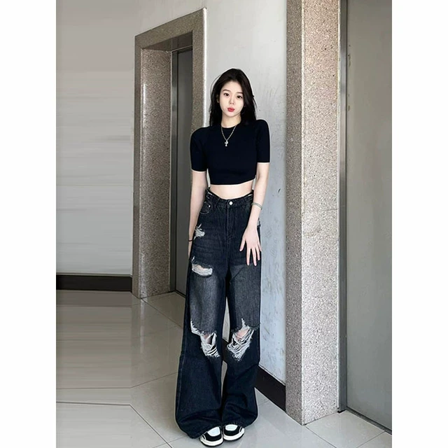 宽松特大码胖mm时髦高腰阔腿破洞牛仔裤女2025新款遮胯显瘦长裤子