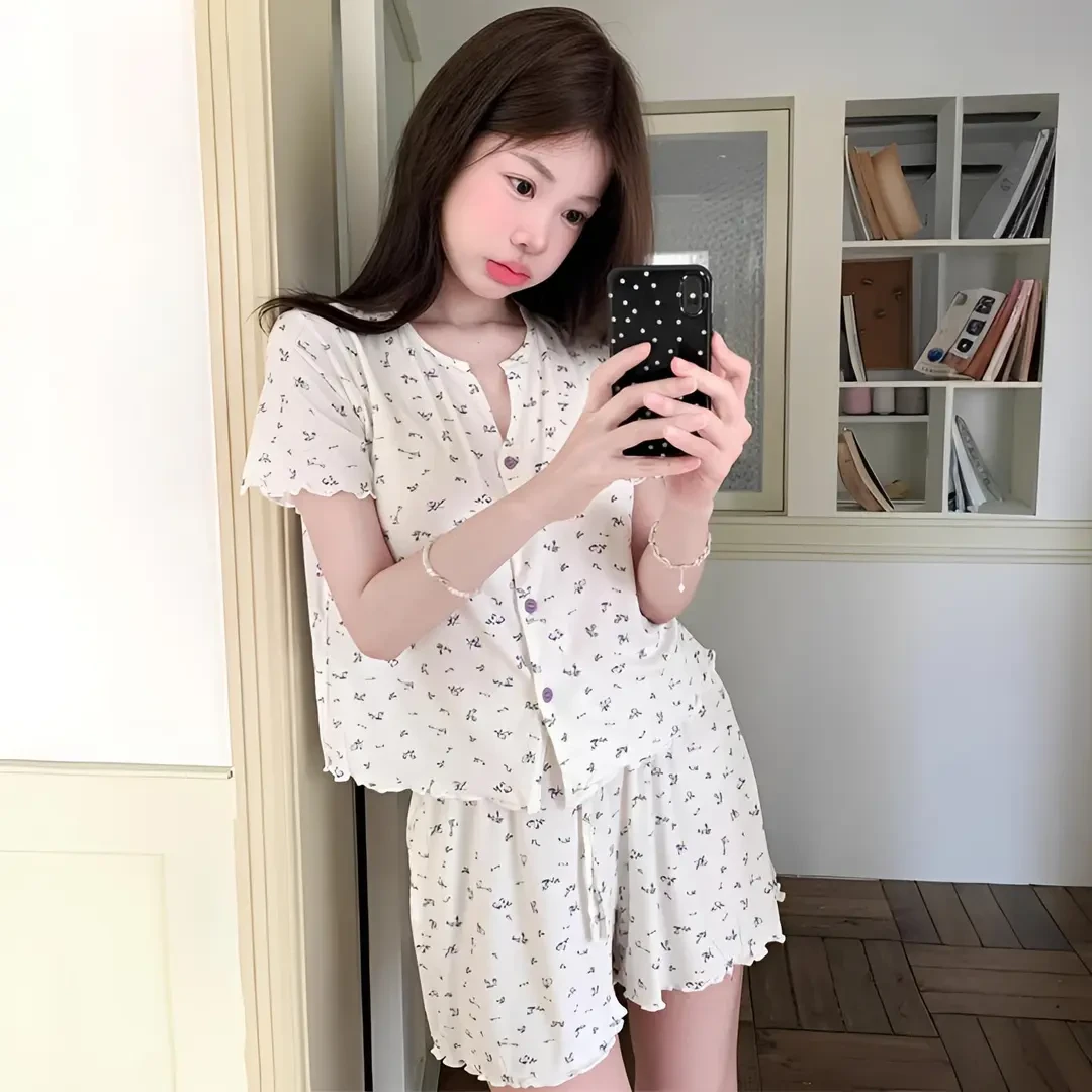 小碎花带胸垫睡衣女夏季2025新款代尔棉甜美少女家居服套装可外穿