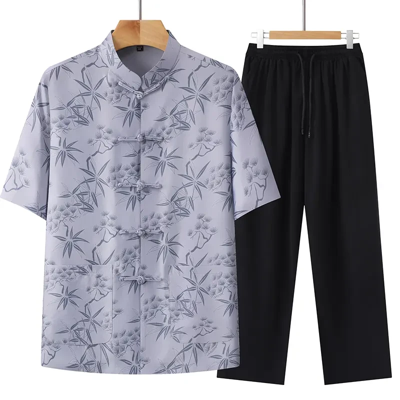 夏季唐装男款中老年爸爸短袖套装中式父亲男装老人爷爷装半袖衬衣